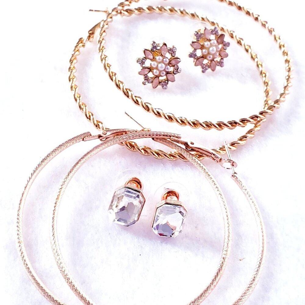 4 Sets of Women's Gold Tone Pierced Earrings Hoops Studs